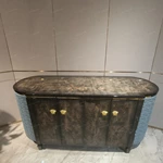 Statement Sideboard Cabinet with Dark Natural Wood Veneer Blue Embossed Side Panels and Gold-Tone Hardware